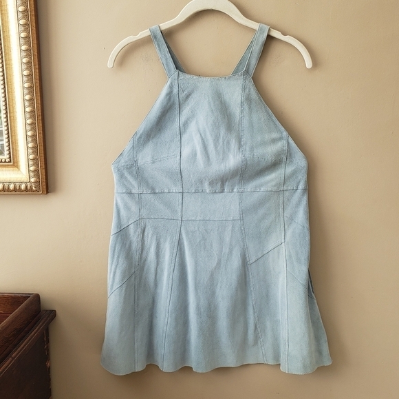 Free People Leather Goat Suede Leather Blue Pinafore Apron Mini Dress Size XS - Picture 6 of 7